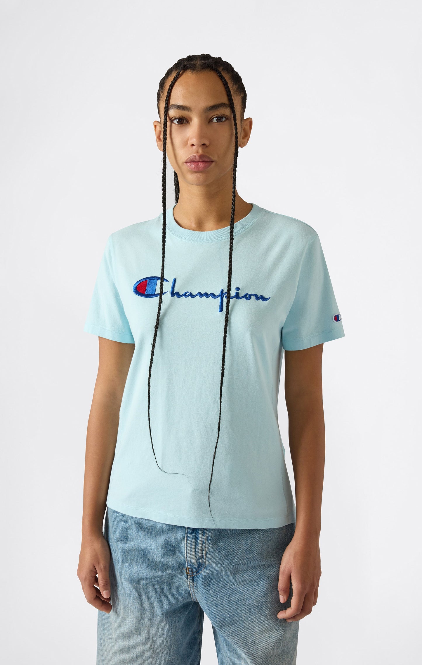 Women's Reverse Weave Crewneck T-Shirt with Embroidered Logo