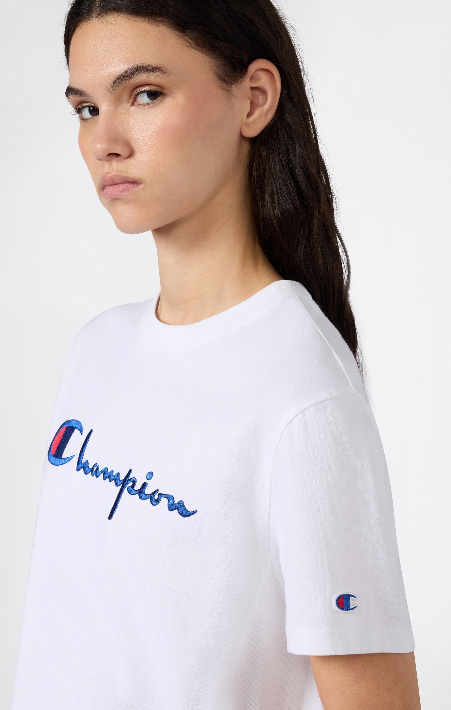 Women's Reverse Weave Crewneck T-Shirt with Embroidered Logo